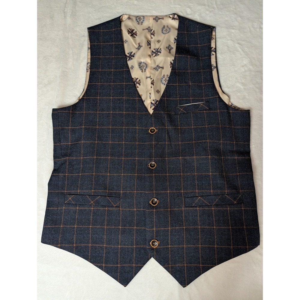 Men's Plaid Suit Vest Navy Brown Windowpane Waistcoat Dark Academia L